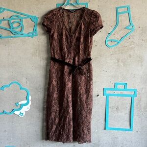 Vintage 1990s Betsey Johnson New York Sheer Lace Overlay Button Front Midi Dress